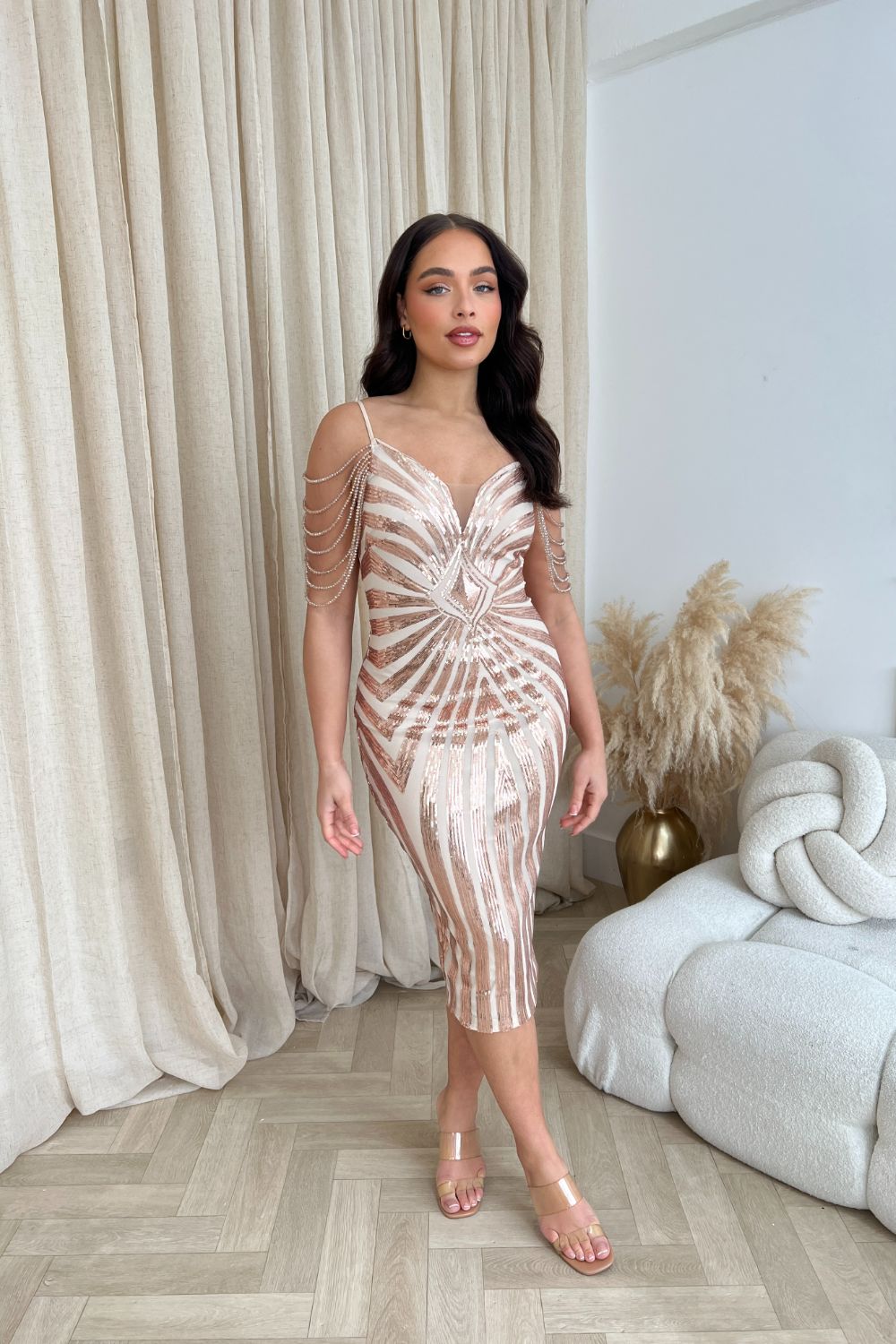 Promise Rose Gold Luxe Sweetheart Beaded Shoulder Fringe Sequin Embellished Hourglass Illusion Midi Dress