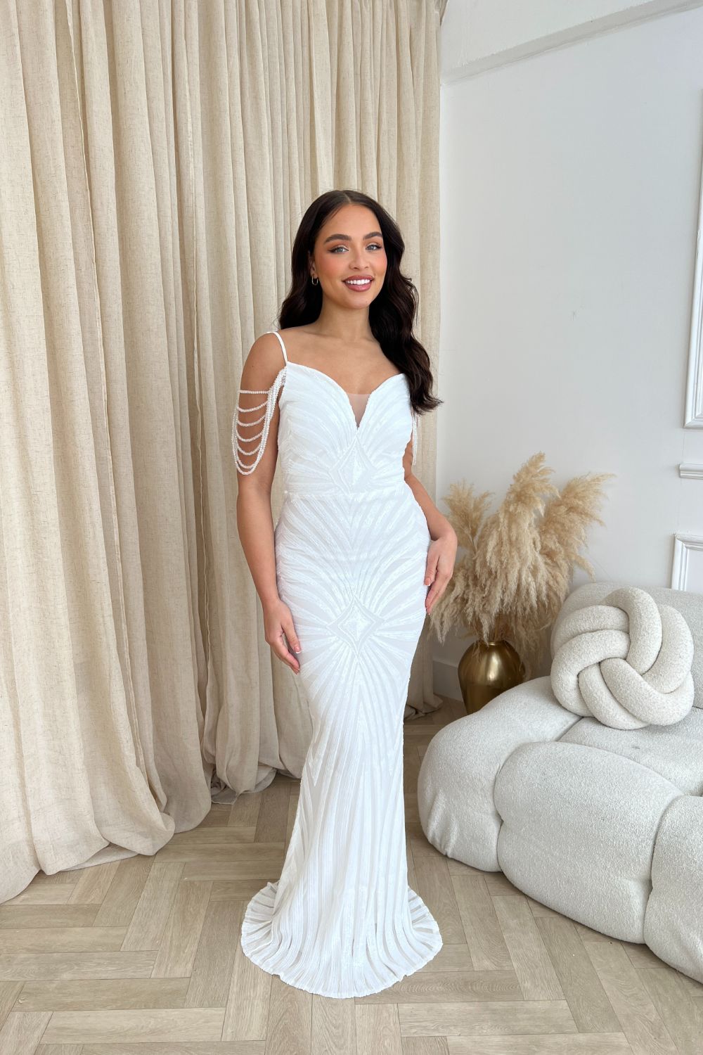 Vanity White Luxe Sweetheart Beaded Shoulder Fringe Sequin Embellished Mermaid Illusion Maxi Dress