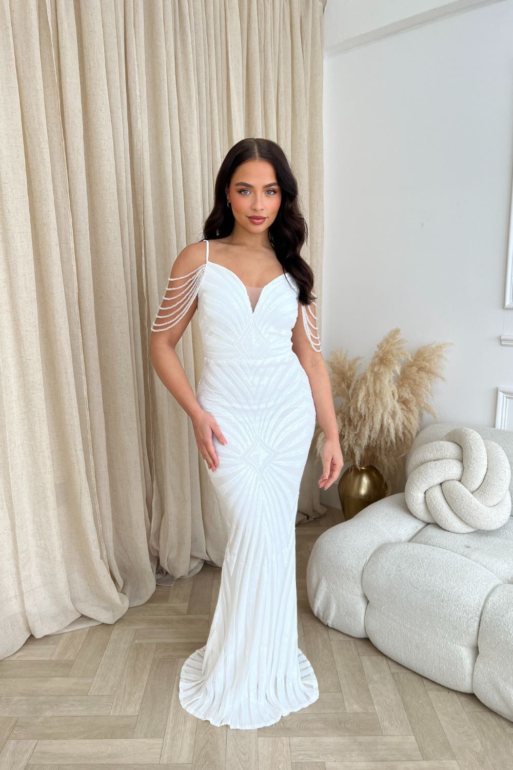 Vanity White Luxe Sweetheart Beaded Shoulder Fringe Sequin Embellished Mermaid Illusion Maxi Dress