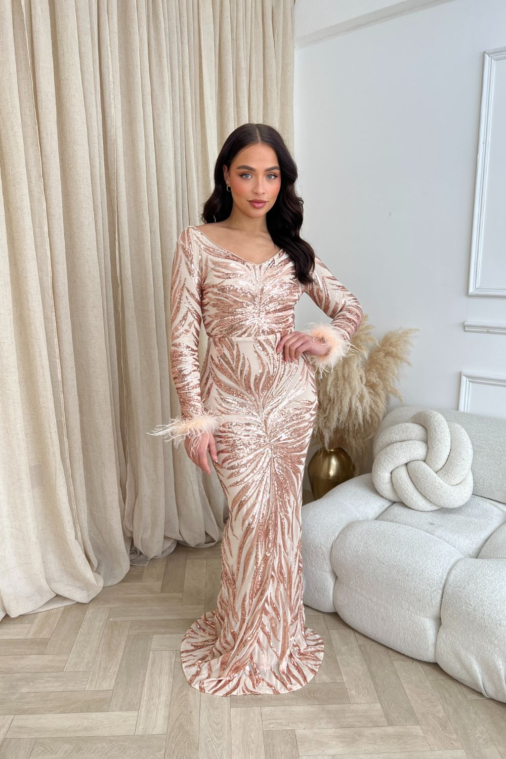 Luminous Rose Gold Luxe Hourglass Embellished Sequin Long Sleeve Feath Nazz Collection Luminous Rose Gold Luxe Hourglass Embellished Sequin Long Sleeve Feath Nazz Collection