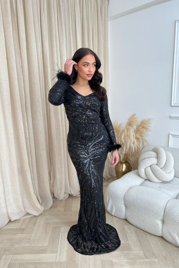 Luminous Black Luxe Hourglass Embellished Sequin Long Sleeve Feather Cuff Maxi Dress