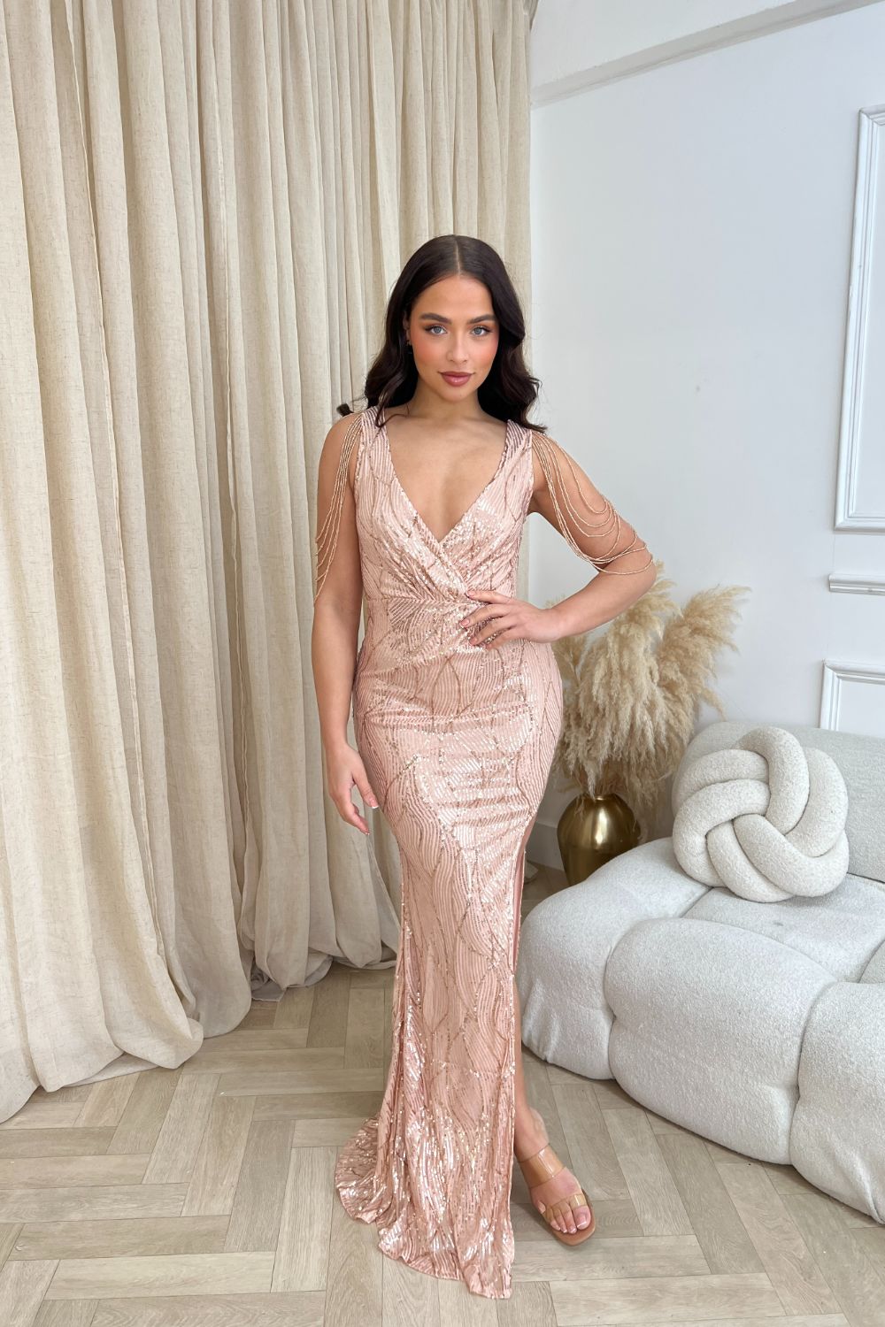 Escala Rose Gold Luxe Beaded Shoulder Plunge Wrap Sequin Hourglass Sli Nazz Collection Escala Rose Gold Luxe Beaded Shoulder Plunge Wrap Sequin Hourglass Sli Nazz Collection