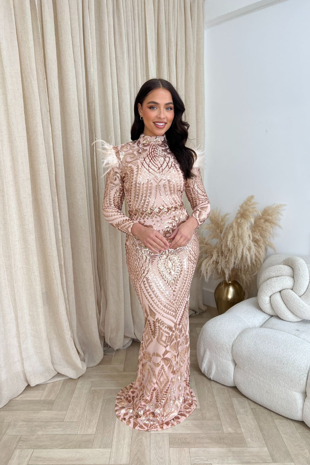 Saint Rose Gold Luxe Sequin Embellished Hourglass Illusion Long Sleeve Feather Maxi Dress