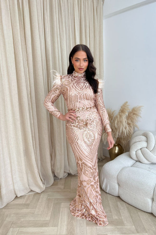 Saint Rose Gold Luxe Sequin Embellished Hourglass Illusion Long Sleeve Feather Maxi Dress