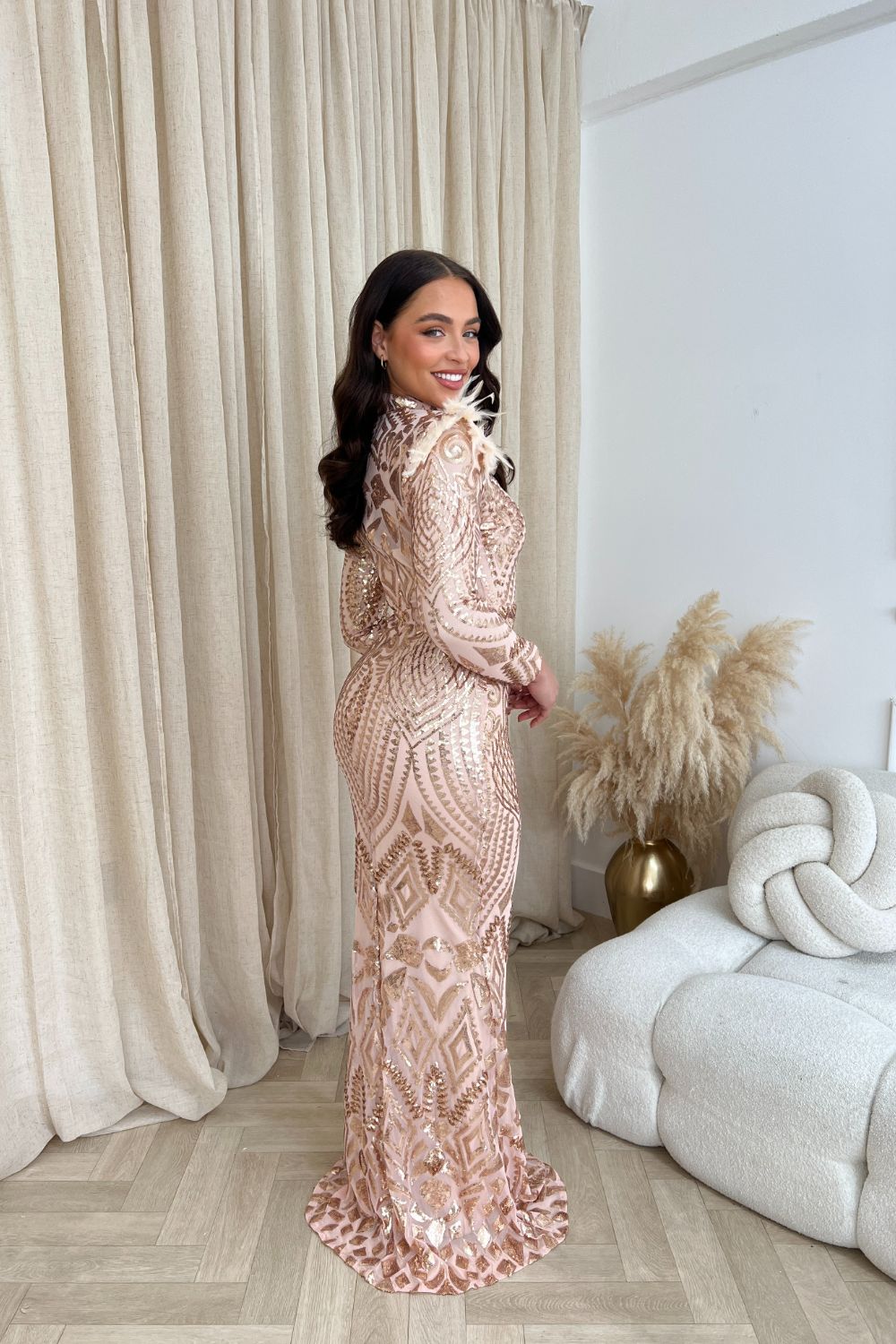 Saint Rose Gold Luxe Sequin Embellished Hourglass Illusion Long Sleeve Feather Maxi Dress