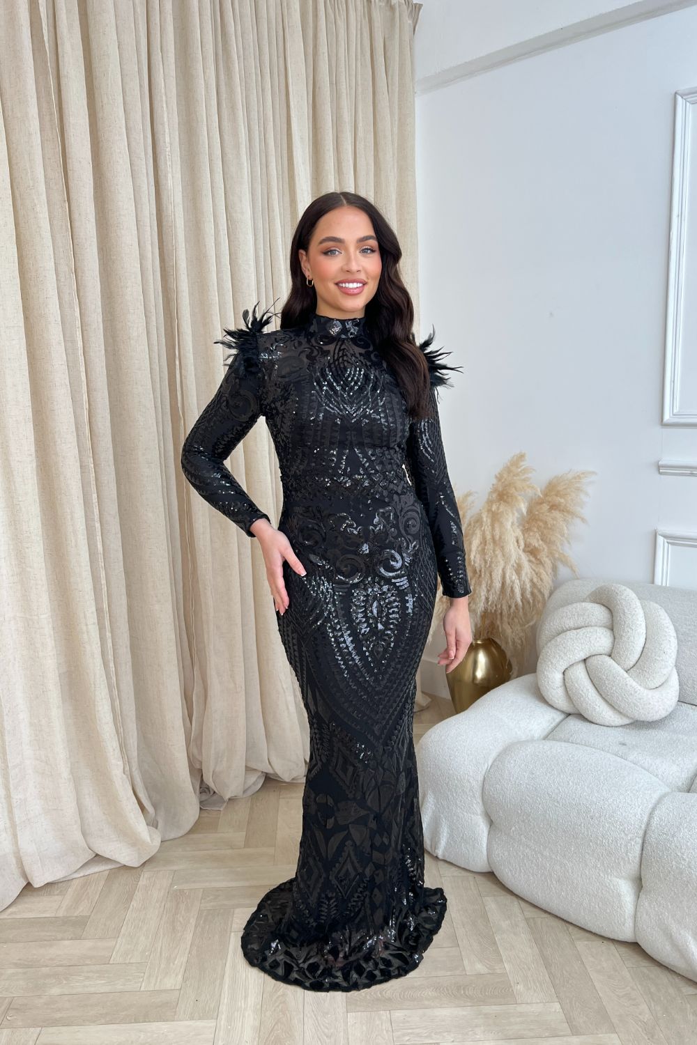Saint Black Luxe Sequin Embellished Hourglass Illusion Long Sleeve Feather Maxi Dress