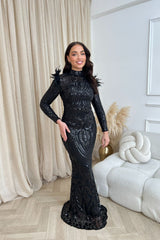 Saint Black Luxe Sequin Embellished Hourglass Illusion Long Sleeve Feather Maxi Dress