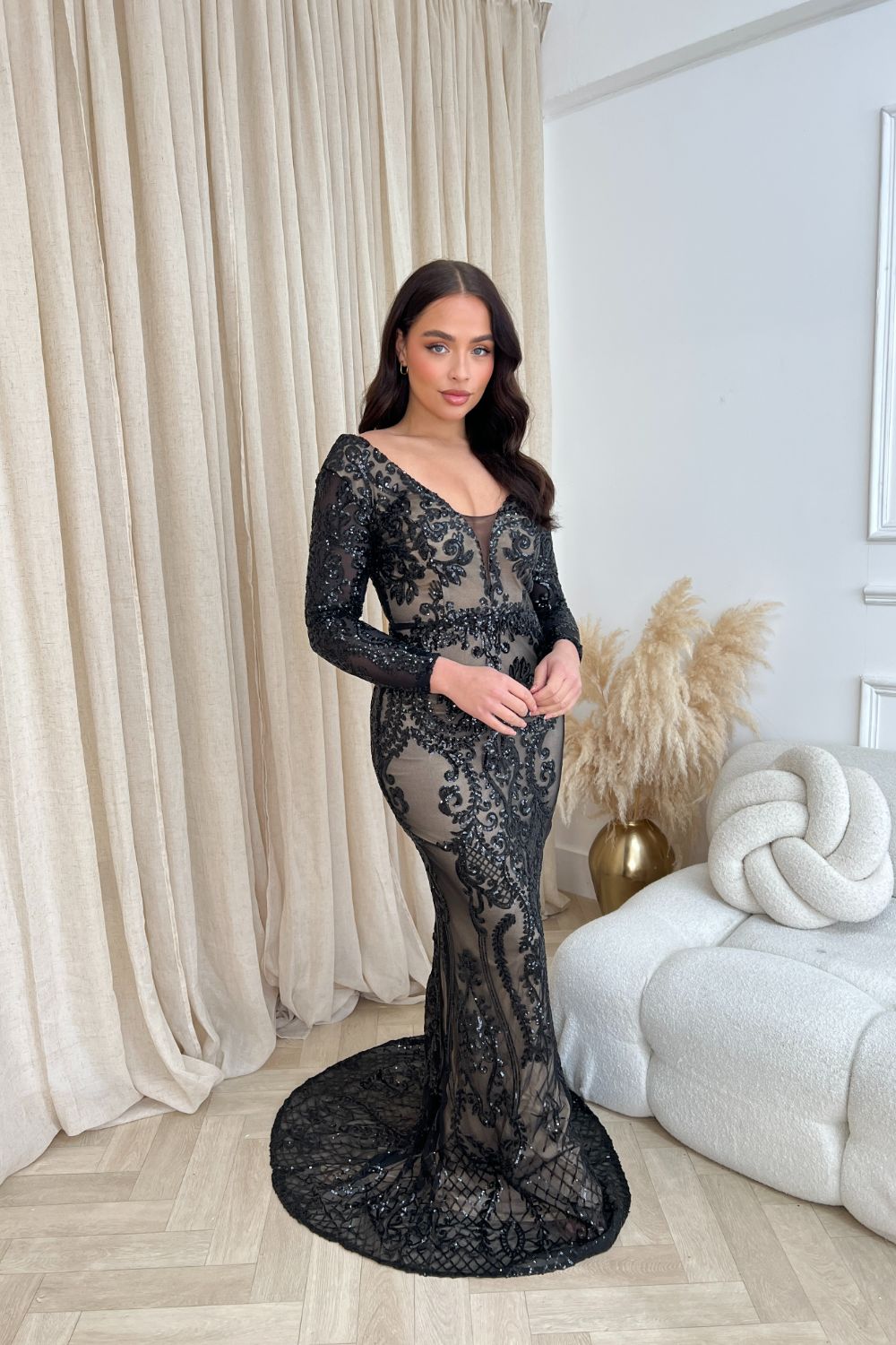 Annabella Black V Back Floral Plunge Sequin Fishtail Dress