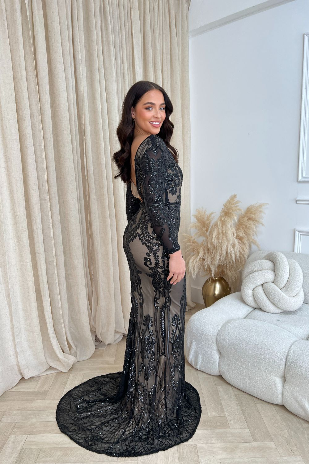 Annabella Black V Back Floral Plunge Sequin Fishtail Dress