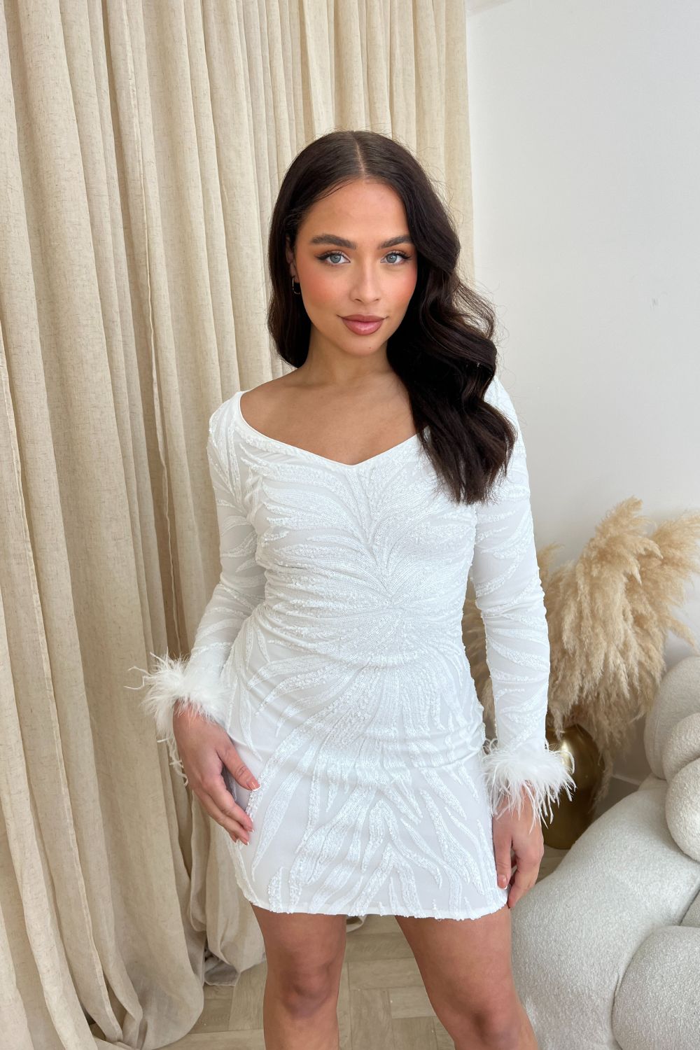 Amour White Luxe Embellished  Hourglass Sequin Long Sleeve Feather Cuff Dress