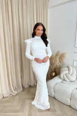 Saint White Luxe Sequin Embellished Hourglass Illusion Long Sleeve Feather Maxi Dress