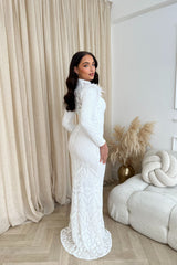 Saint White Luxe Sequin Embellished Hourglass Illusion Long Sleeve Feather Maxi Dress