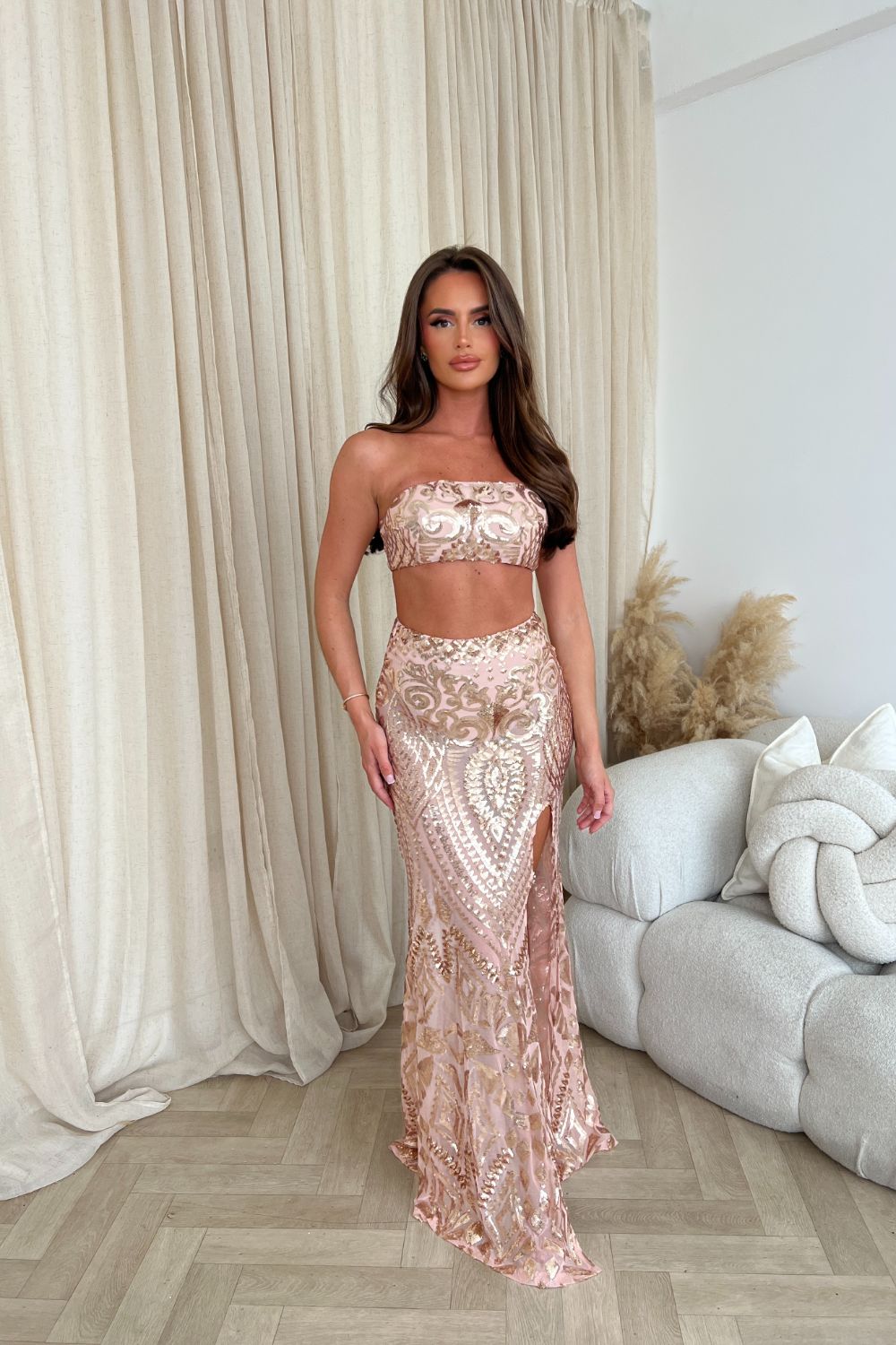 Shakirah Rose Gold Luxe Bandeau Sequin Embellished Two-Piece Maxi Slit Dress