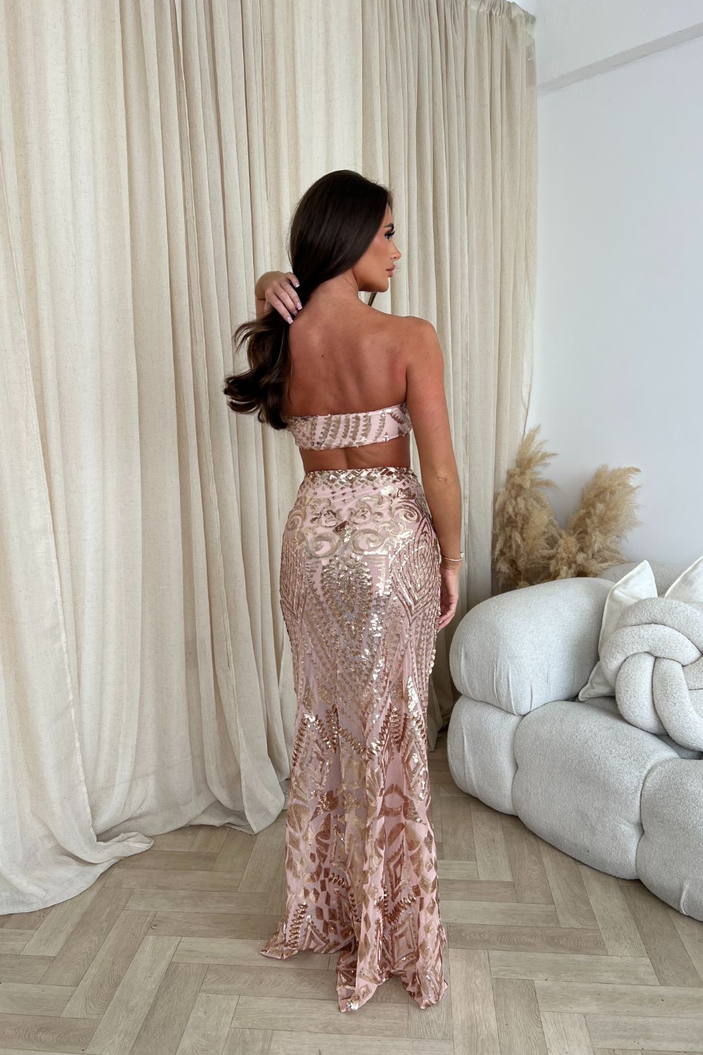 Shakirah Rose Gold Luxe Bandeau Sequin Embellished Two-Piece Maxi Slit Dress