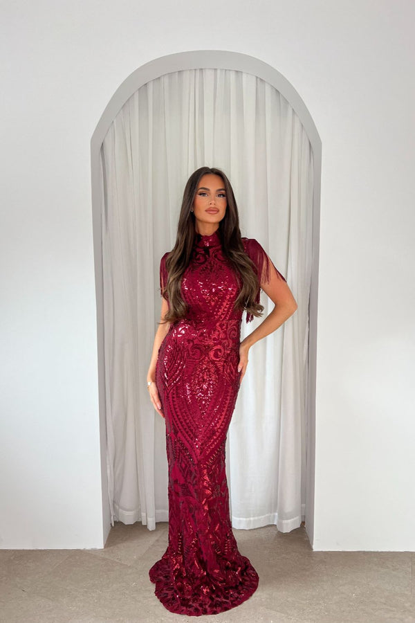 Magic Vip Berry Red Luxe Tassel Fringe Sequin Embellished Illusion Maxi Dress