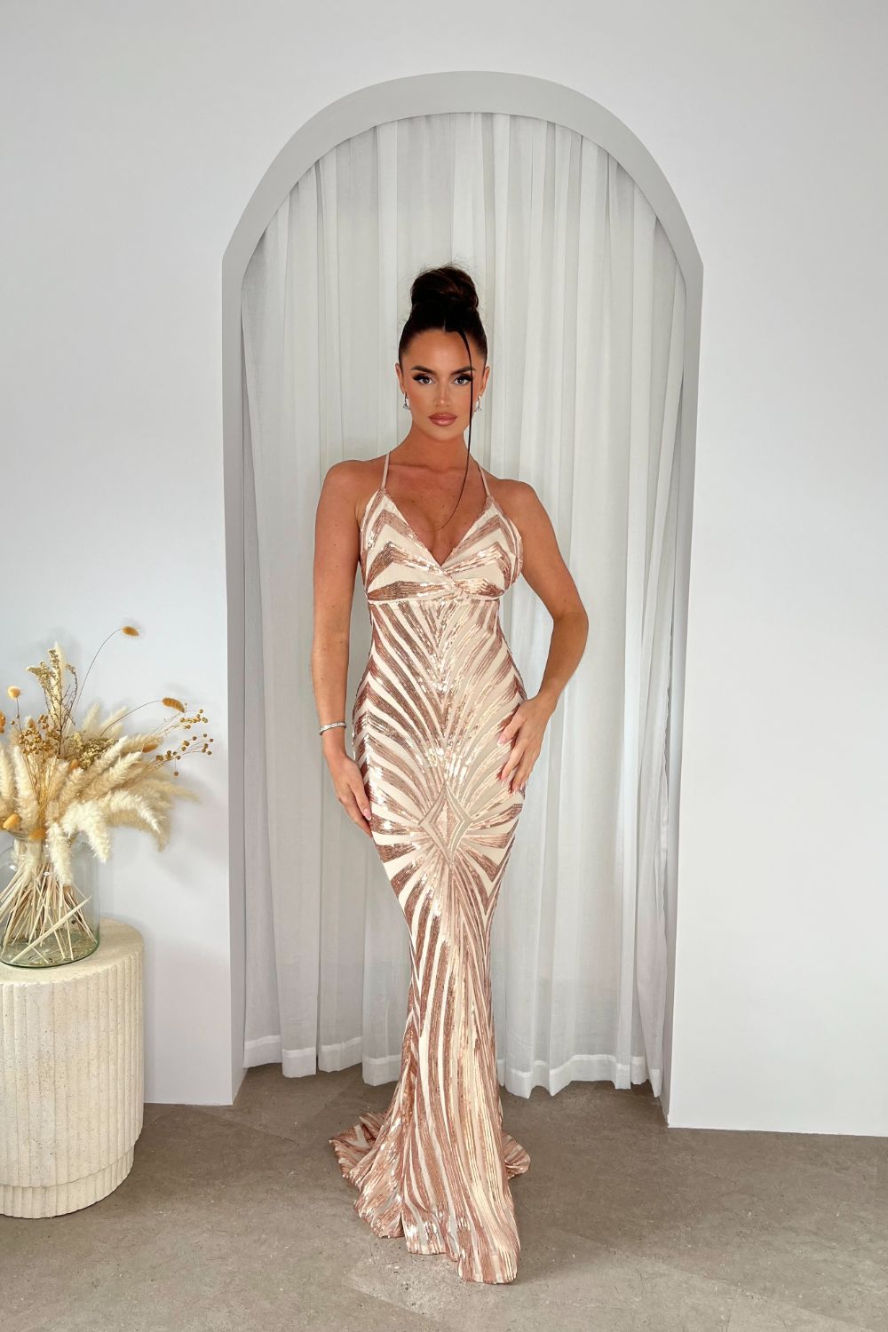 Timeless Rose Gold Plunge Sequin Hourglass Illusion Mermaid Maxi Dress