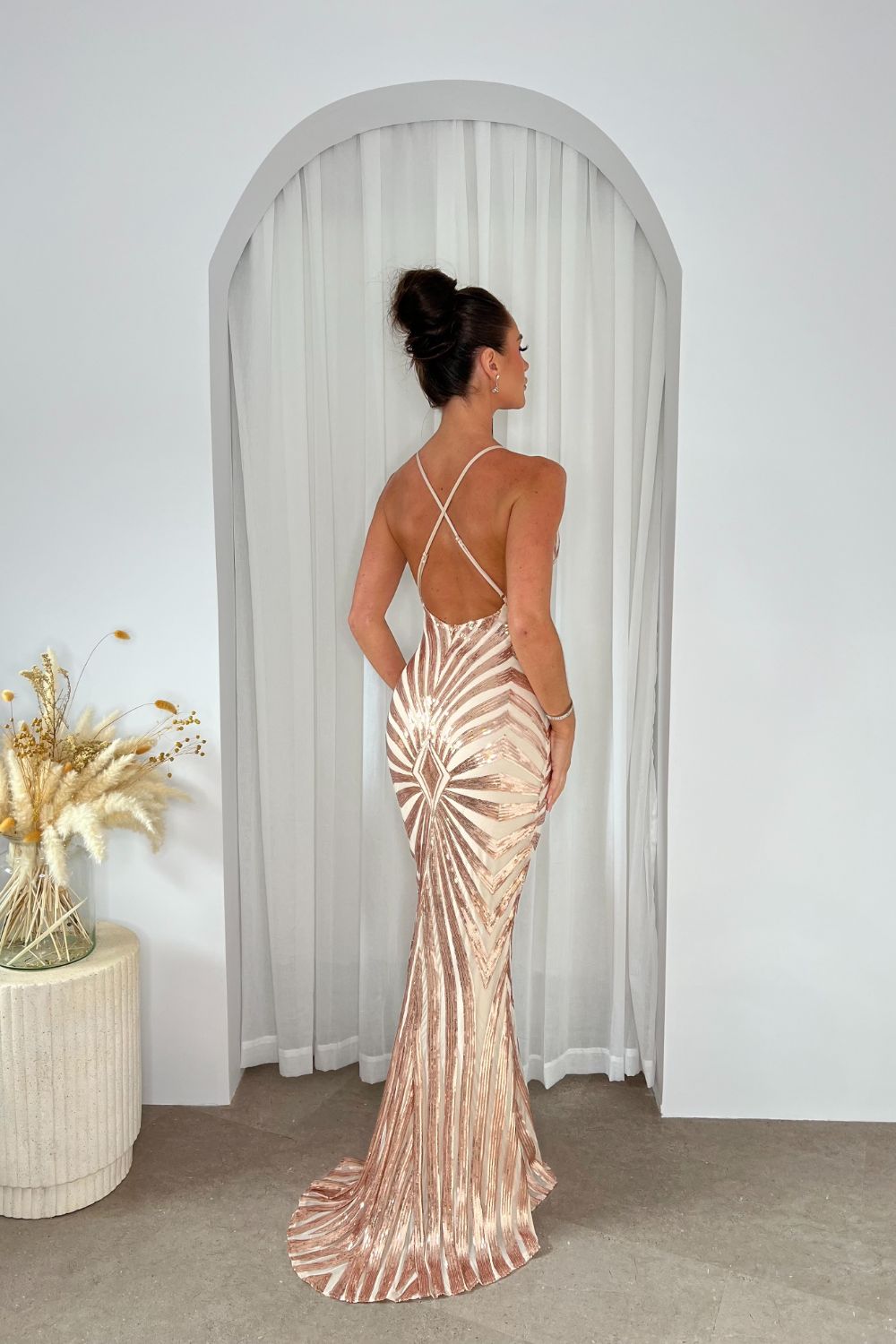 Timeless Rose Gold Plunge Sequin Hourglass Illusion Mermaid Maxi Dress
