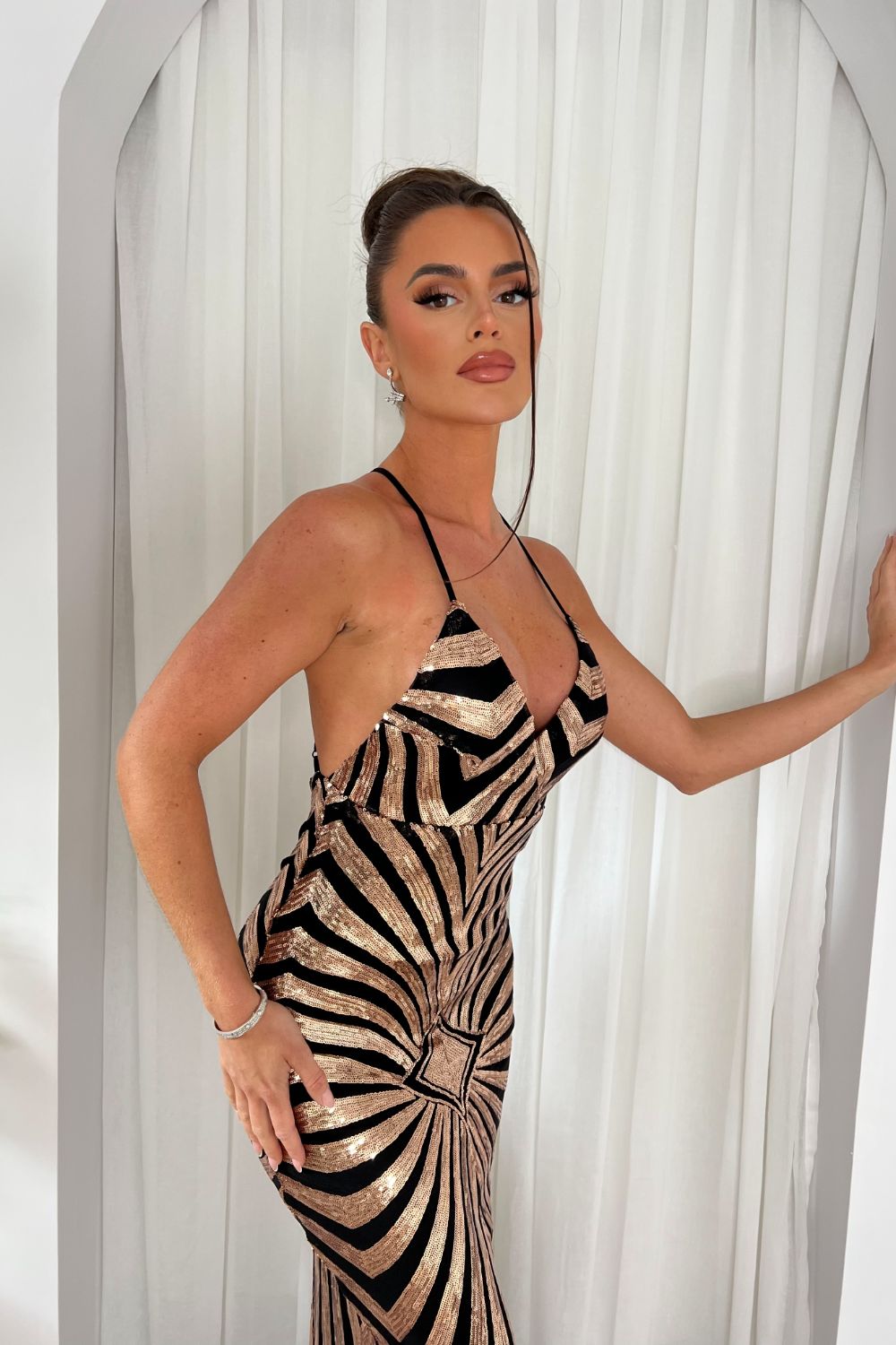 Timeless Black Gold Plunge Sequin Hourglass Illusion Mermaid Maxi Dress