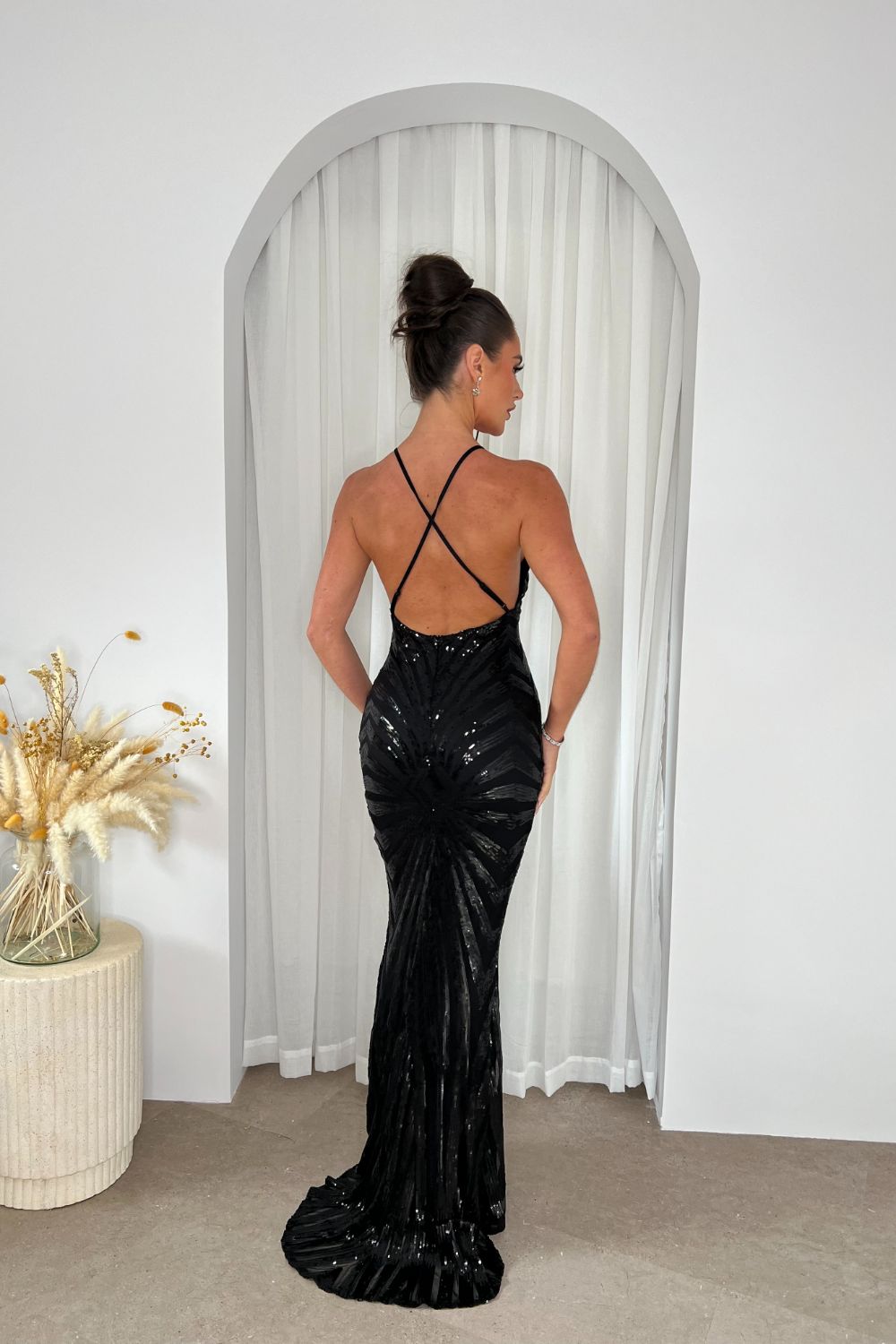 Timeless Black Plunge Sequin Hourglass Illusion Mermaid Maxi Dress
