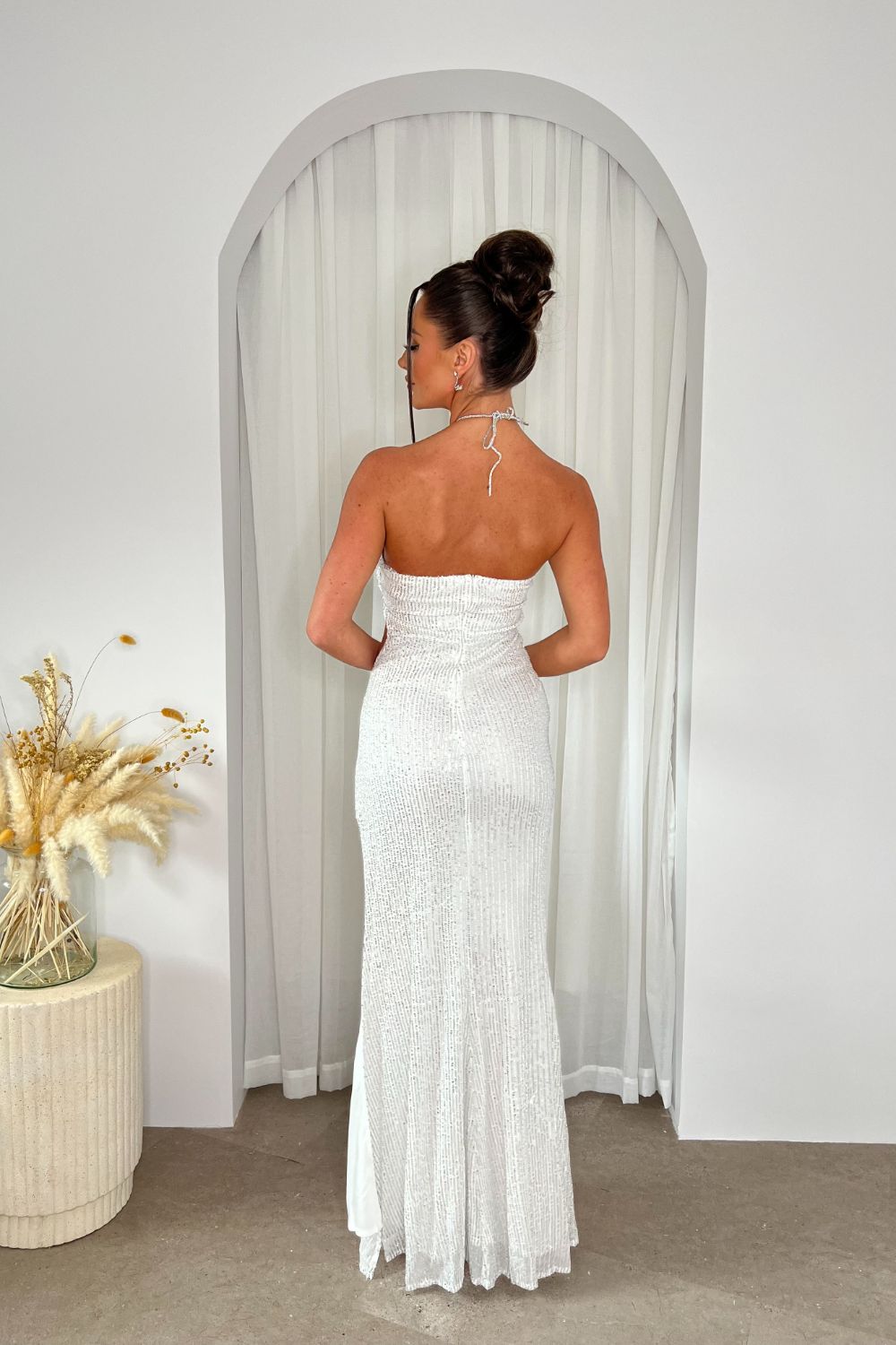 Vision Silver Luxe Sequin Rhinestone Jewelled Halter Neck Thigh Slit Maxi Dress
