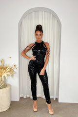 Shadow Luxe Exclusive Black High Neck Beaded Shoulder Sequin Embellished Hourglass Illusion Jumpsuit