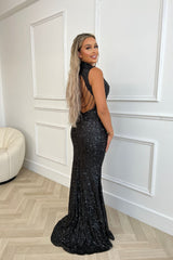 Oscars VIP Black Luxe High Neck Backless Jewel Beaded Sequin Hourglass Maxi Dress