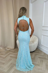 Oscars VIP Mint Luxe High Neck Backless Jewel Beaded Sequin Hourglass Maxi Dress