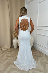 Oscars VIP White Luxe High Neck Backless Jewel Beaded Sequin Hourglass Maxi Dress