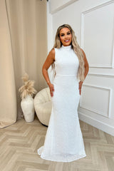 Oscars VIP White Luxe High Neck Backless Jewel Beaded Sequin Hourglass Maxi Dress