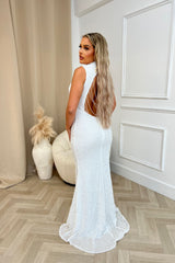 Oscars VIP White Luxe High Neck Backless Jewel Beaded Sequin Hourglass Maxi Dress