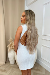 Icon VIP White Luxe High Neck Backless Jewel Beaded Sequin Hourglass Dress