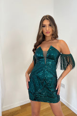 Yazmine Green Plunge V Neck Bardot Tassel Fringe Luxe Sequin Embellished Illusion Mini Dress