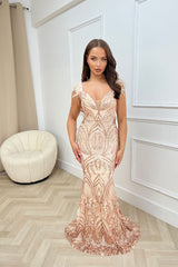 Trophy Rose Gold Luxe Plunge Tribal Sequin Embellished Illusion Feather Open Back Maxi Dress