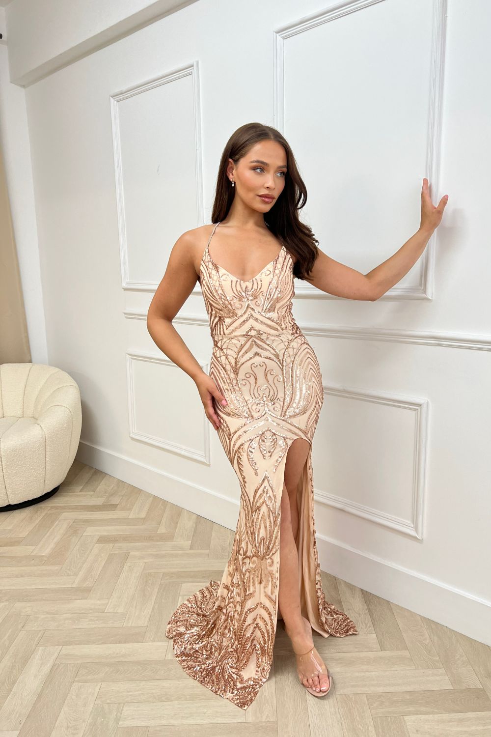 Unapologetic Rose Gold Luxe Sequin Embellished Rhinestone Jewelled Straps Slit Maxi Dress