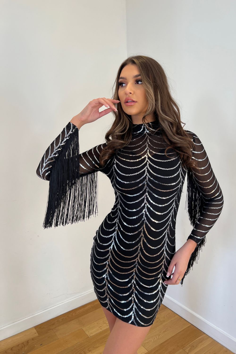 Lolita Black Silver Luxe VIP Tassel Fringe Sequin Embellished Illusion Long Sleeve Mini Dress