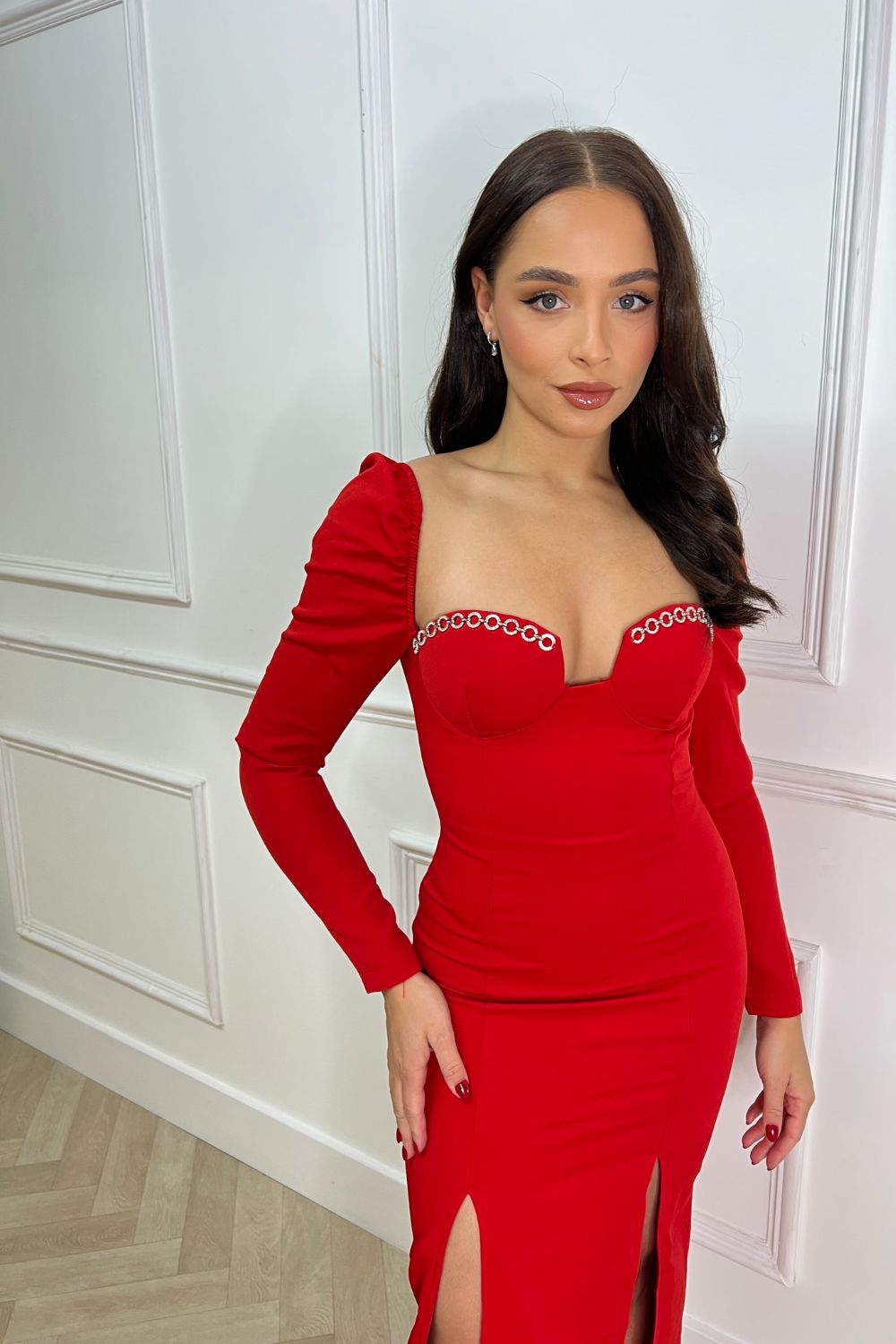 Amalia Red Jewel Bustier Long Sleeve Double Slit Bodycon Pencil Midi D Nazz Collection Amalia Red Jewel Bustier Long Sleeve Double Slit Bodycon Pencil Midi D Nazz Collection