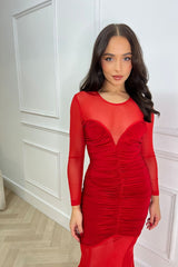 Loretta Red Sweetheart Mesh Sheer Ruched Long Sleeve Maxi Dress