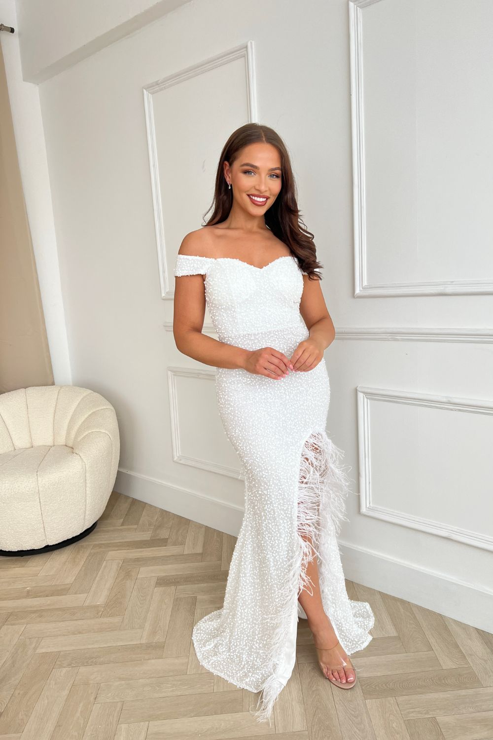 Galaxy White Luxe Sequin Embellished Off The Shoulder Bardot Feather Slit Maxi Dress