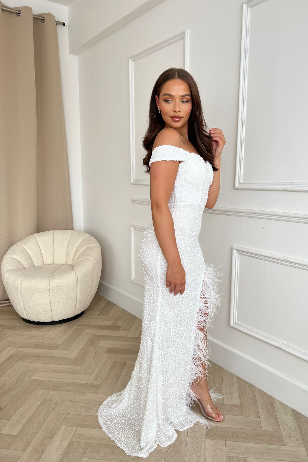 White sequin bardot dress Clearance