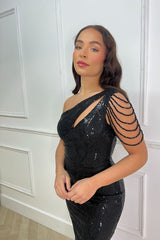 Impress Luxe Black One Shoulder Beaded Fringe Sequin Embellished Illusion Maxi Dress