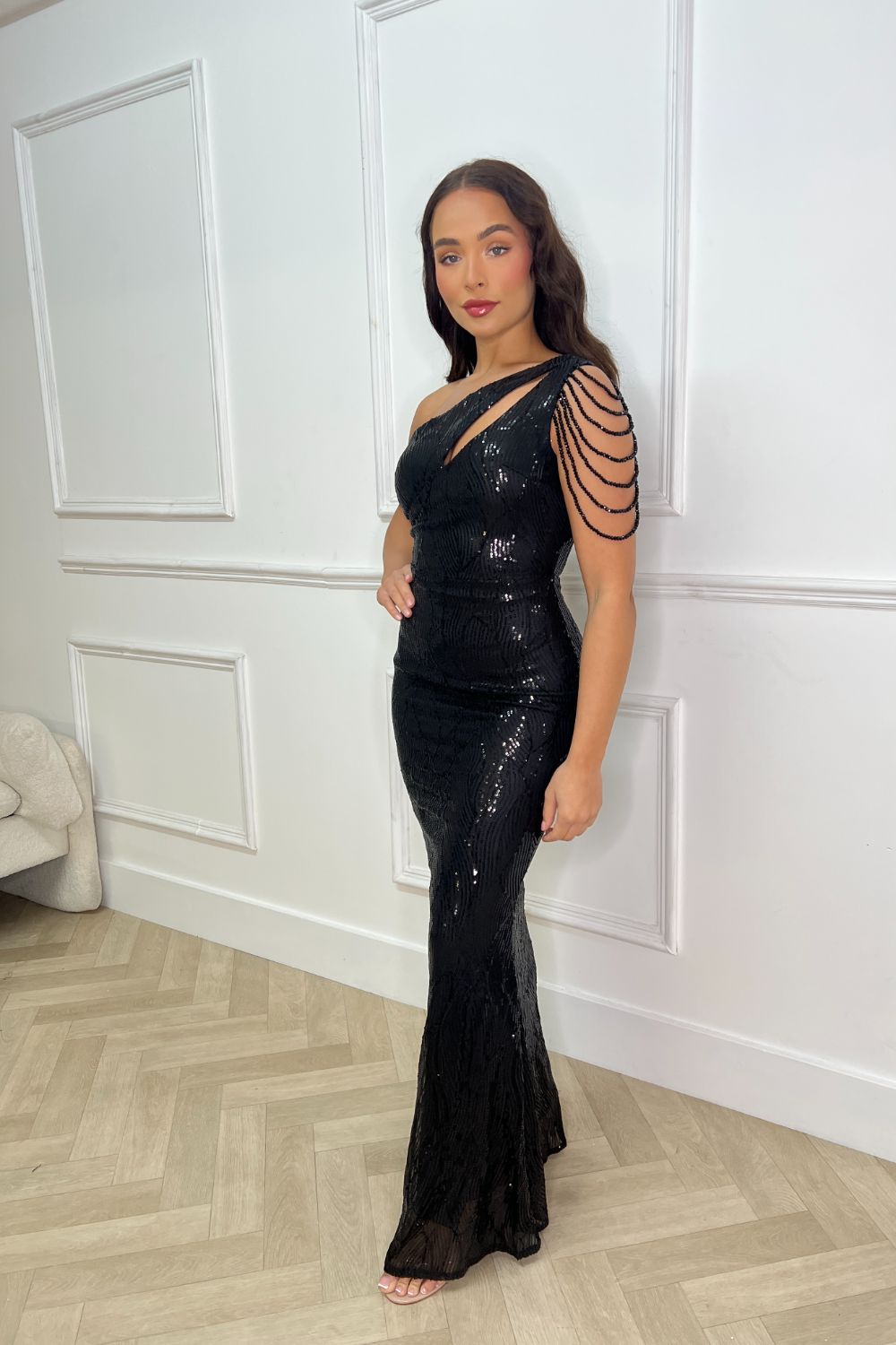 Impress Luxe Black One Shoulder Beaded Fringe Sequin Embellished Illusion Maxi Dress