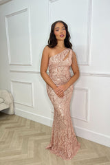 Impress Luxe Rose Gold One Shoulder Beaded Fringe Sequin Embellished Illusion Maxi Dress
