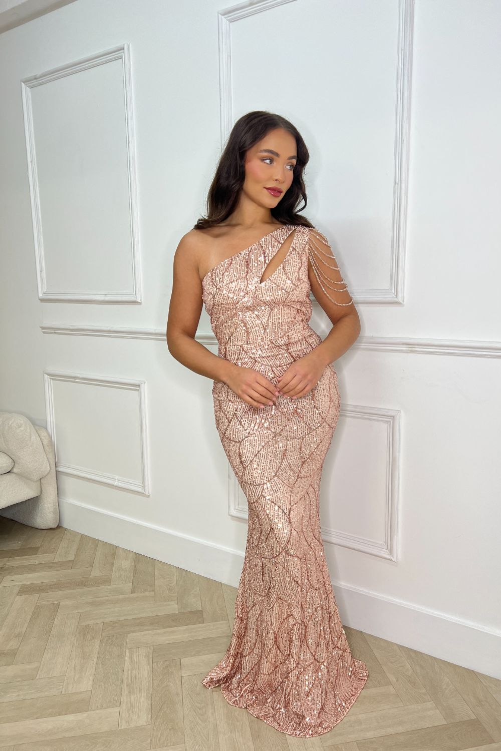 Impress Luxe Rose Gold One Shoulder Beaded Fringe Sequin Embellished Illusion Maxi Dress