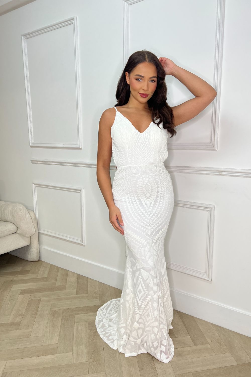 Spotlight White Vip Luxe Sequin Backless Mermaid Fishtail Dress