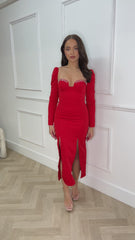 Amalia Red Jewel Bustier Long Sleeve Double Slit Bodycon Pencil Midi Dress