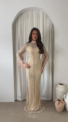 Hypnotic Champaign Gold Luxe VIP Tassel Fringe Sequin Embellished Illusion Long Sleeve Maxi Dress