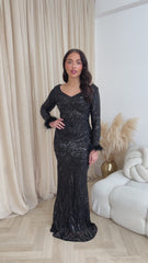 Luminous Black Luxe Hourglass Embellished Sequin Long Sleeve Feather Cuff Maxi Dress