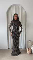 Nyla Black Rose Gold Luxe VIP Hourglass Sequin Embellished Illusion Long Sleeve Maxi Dress