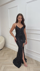 Unapologetic Black Luxe Sequin Embellished Rhinestone Jewelled Straps Slit Maxi Dress