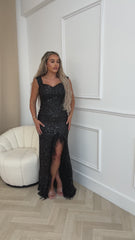 Galaxy Black Luxe Sequin Embellished Off The Shoulder Bardot Feather Slit Maxi Dress